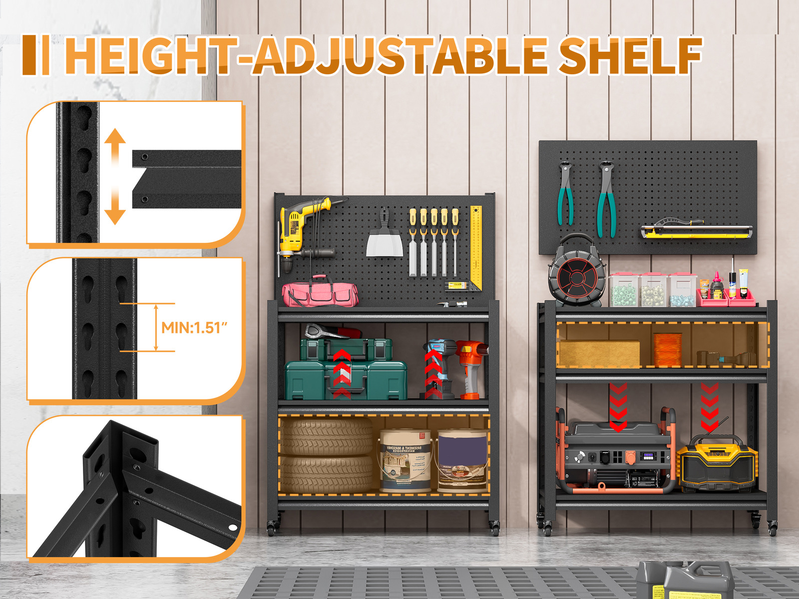 Garage Workbench Tool Storage Shelves w/Pegboard Metal Work Bench With 4 Wheels