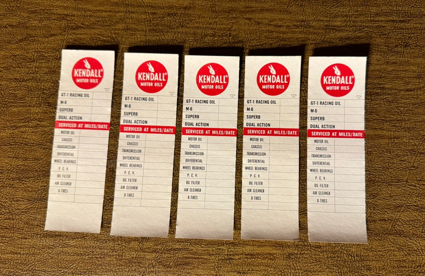 Rare Vintage Five Original Kendall Motor Oil Change Oil Door Jamb Stickers.