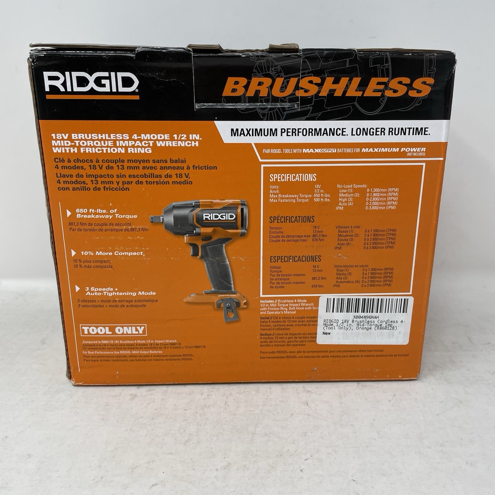 Ridgid R86012B 18V Brushless 4-Mode 1/2" Mid-Torque Impact Wrench *Tool Only*