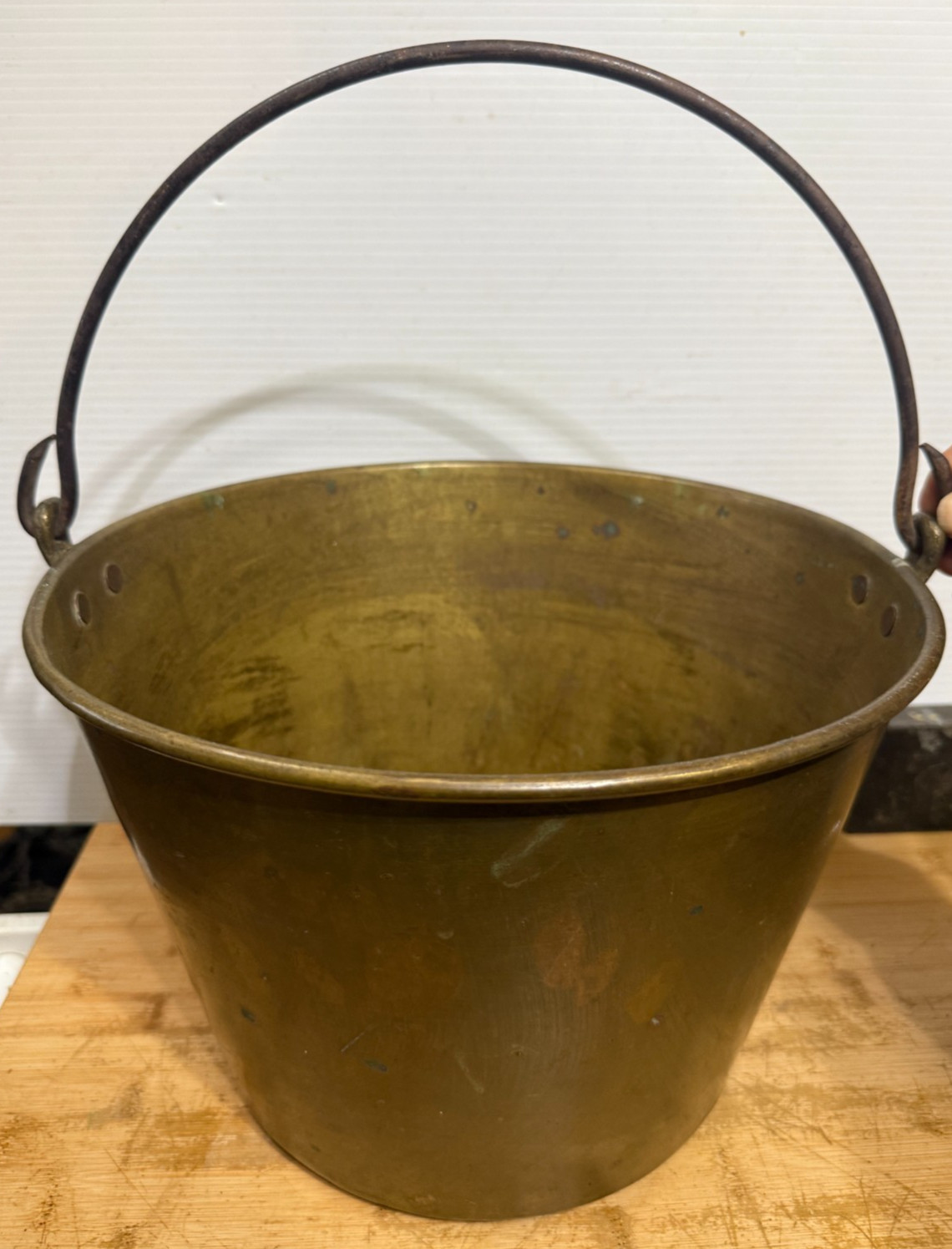 Antique HW Hayden Brass Bucket 1851 Patent Spun Brass Pail Iron Handle 1866