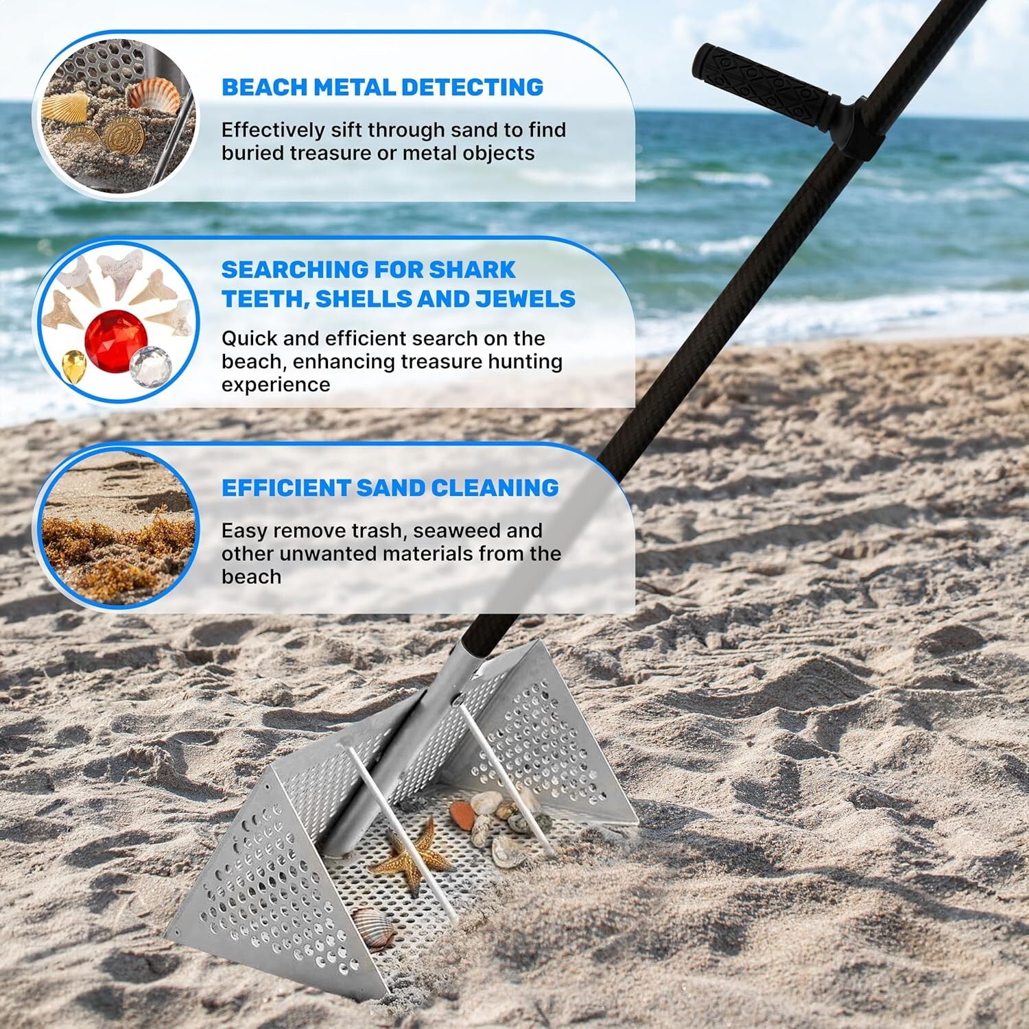 CKG Shark Tooth Sifter & Sand Scoop for The Beach, Sand Flea Rake+ Carbon Handle