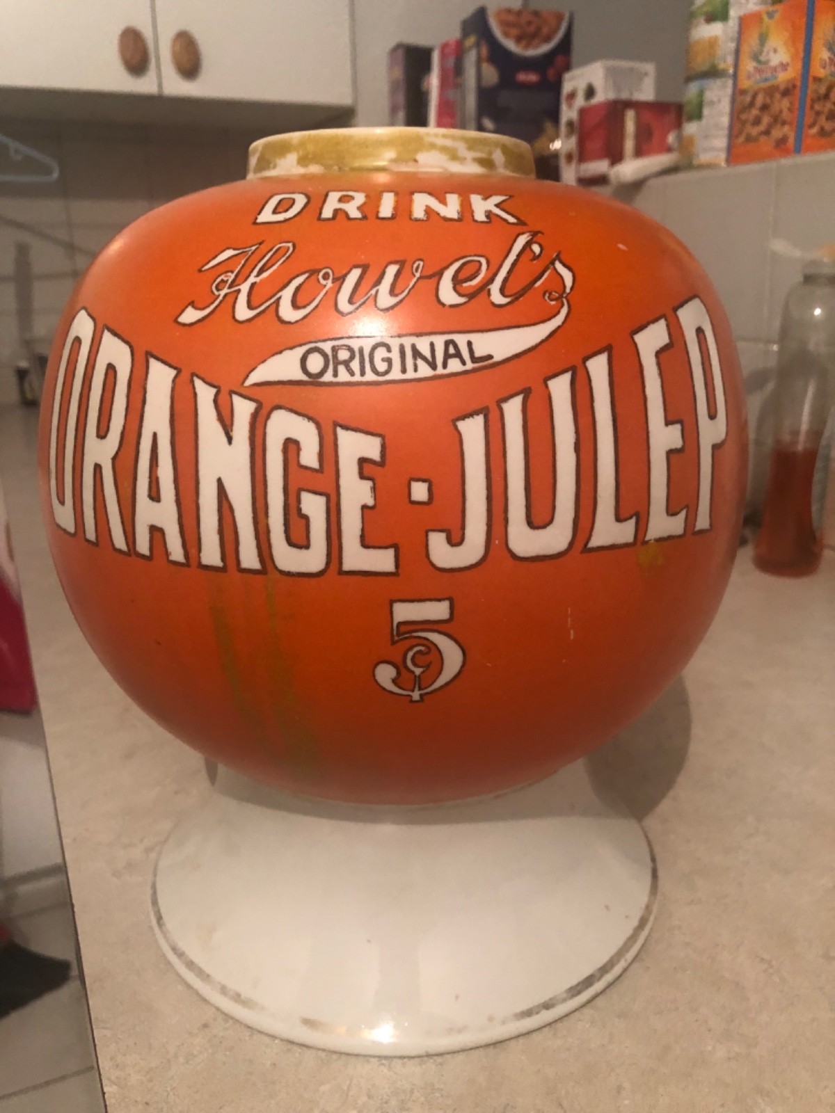 VINTAGE RARE c.1919 CERAMIC "HOWEL'S ORANGE-JULEP 5c" SODA FNT SYRUP DISPENSER