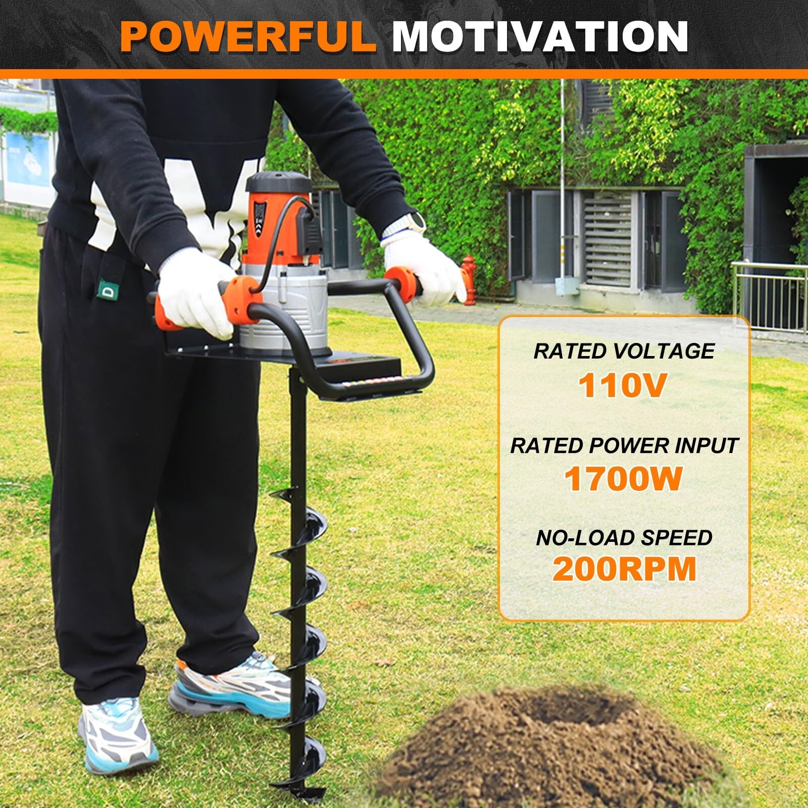 1700W Electric Post Hole Digger Earth Auger with 4, 6, 8-Inch Bits