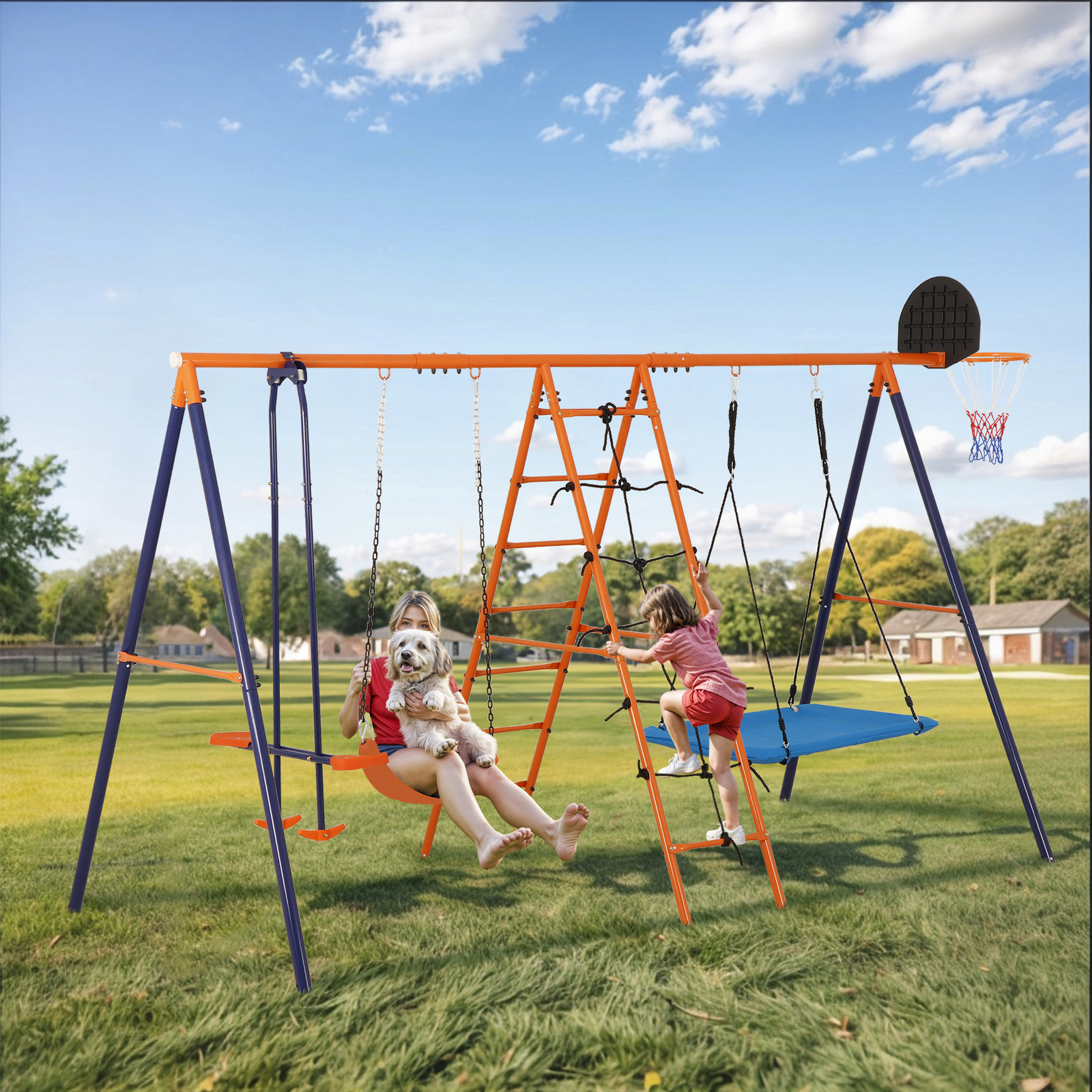 6-in-1 Swing Sets for Backyard Multifunction Metal Playground Swing Set for kids