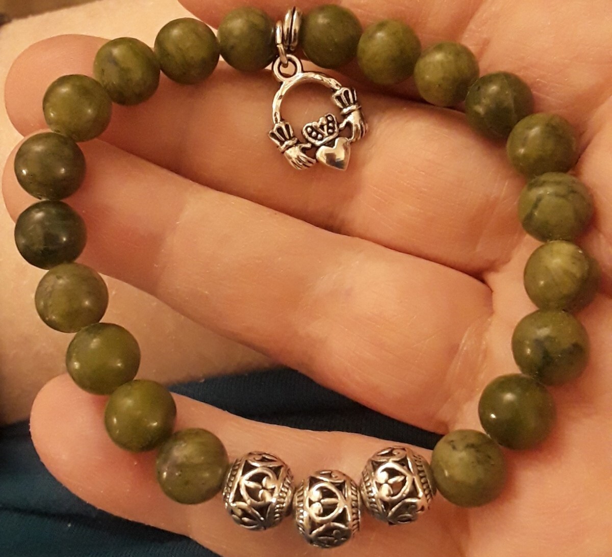 Connemara Marble Bead Bracelet with Irish Claddagh Charm