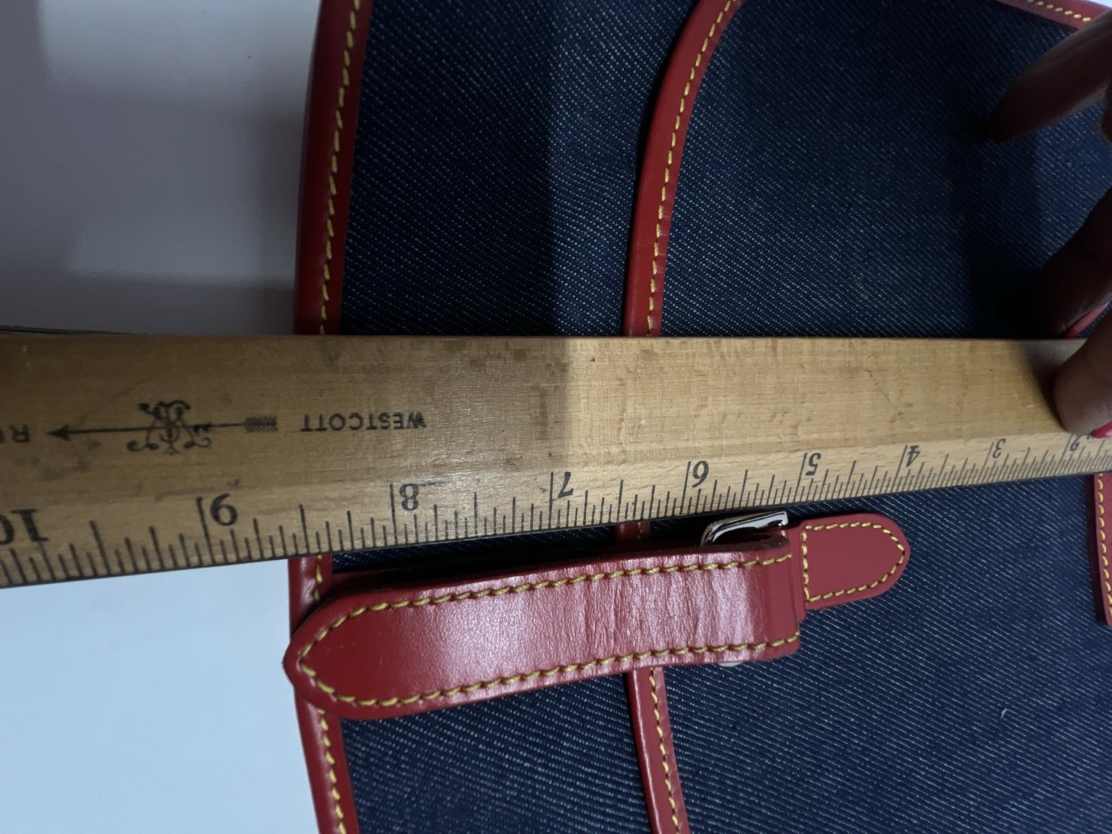 Vintage Dooney & Bourke Blue Denim Saddle Bag Red Leather Trim Messenger Handbag