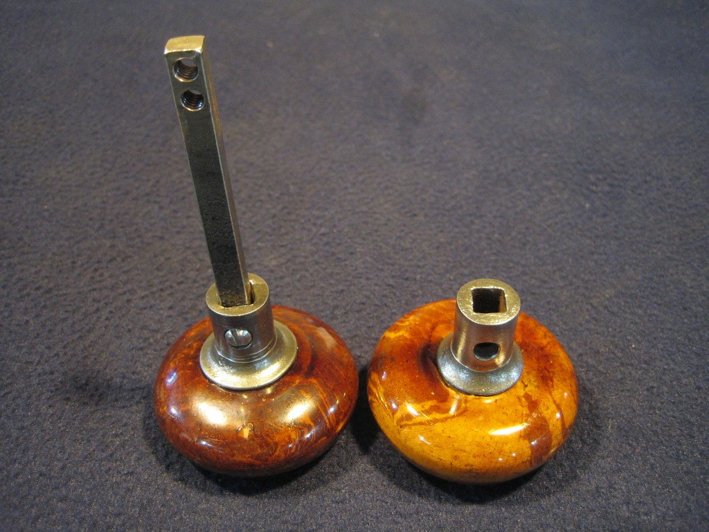 Pair Antique Brown Marble Swirl Tiger Eye Bennington Porcelain Door Knobs 1890's