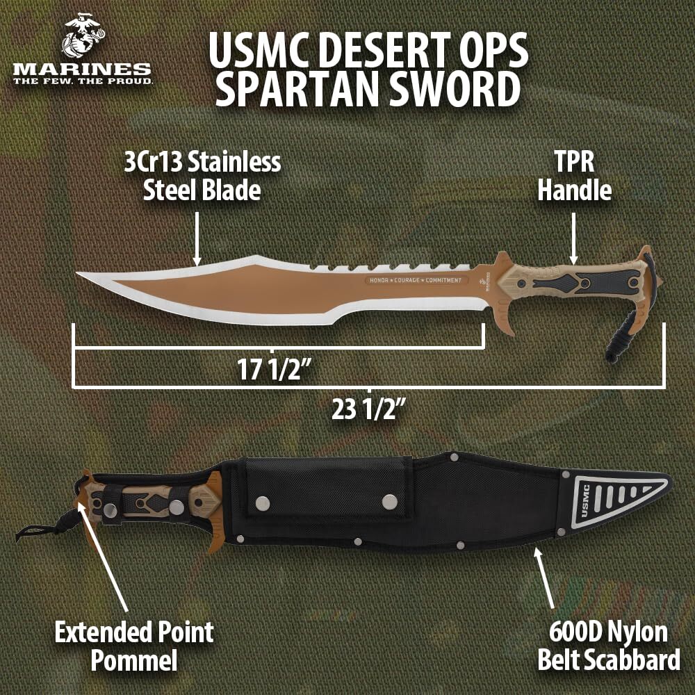 USMC Desert Ops Spartan Sword and Scabbard | Officially Licensed Tactical Sword