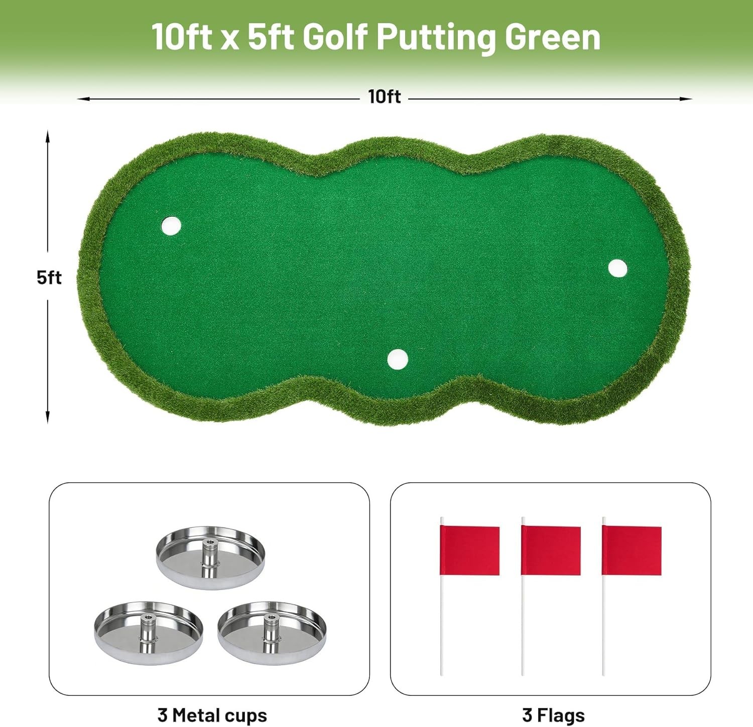 5x10 FT Golf Putting Green Indoor Outdoor, Dual-Turf Mat with 3 Holes & Flags