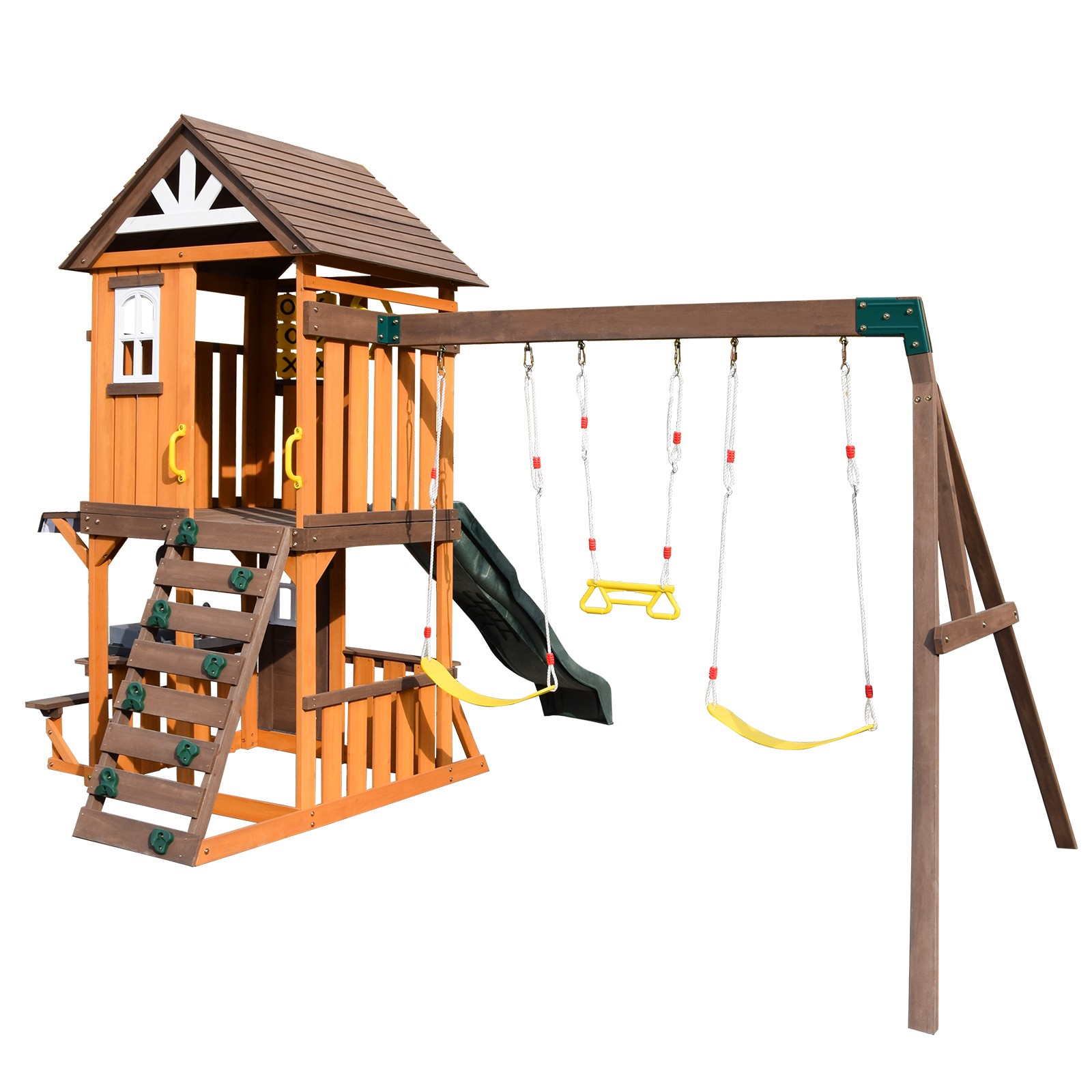 Large Wooden Kids Swing Slide Set Playhouse Kitchen,Rock Wall Outdoor Playground