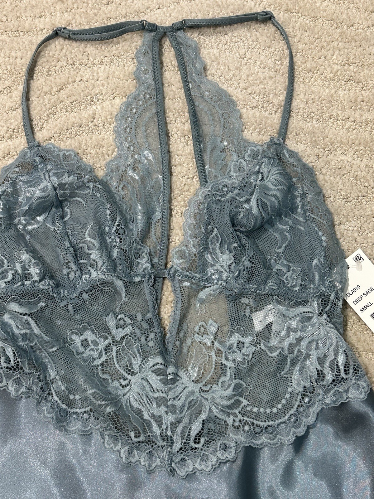 In Bloom deep sage lace/satin mini slip, one piece, SZ S, BNWT*