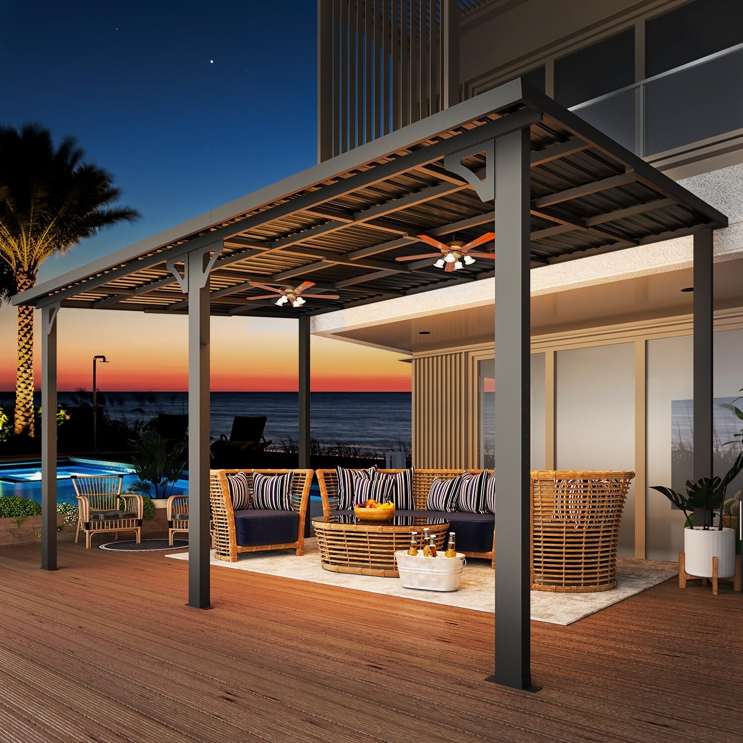 Hardtop Gazebo Outdoor Pergola Lean to Metal Pergola Galvanized Steel Roof Patio