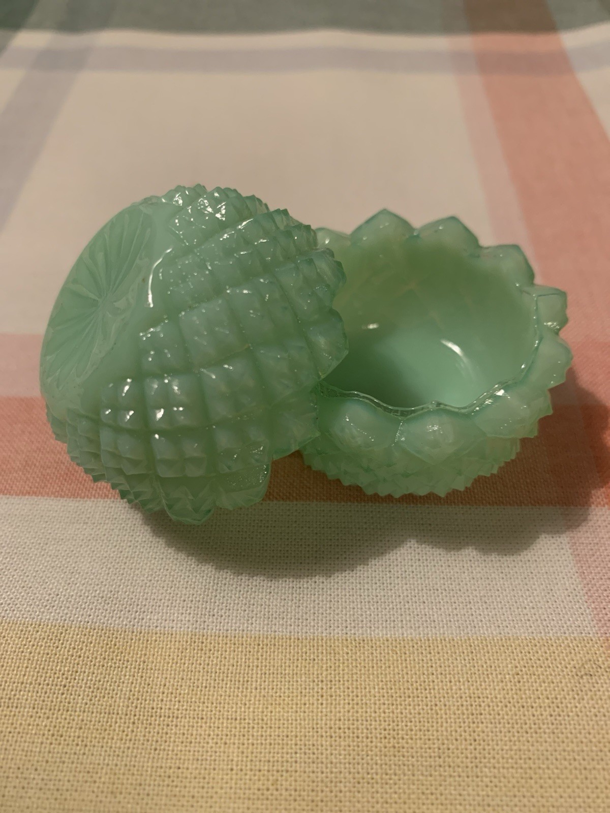 2/ JADITE Green ROUND SAWTOOTH GLASS OPEN SALT CELLAR, c1980's