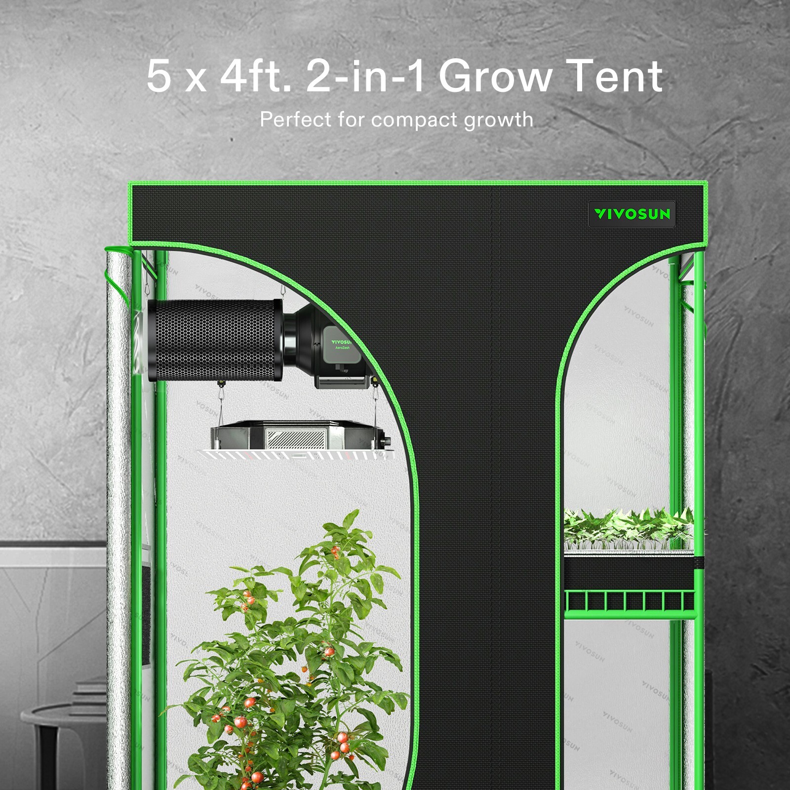 VIVOSUN 2-in-1 60”x48”x80” Mylar Reflective Grow Tent for Indoor Hydroponic Grow