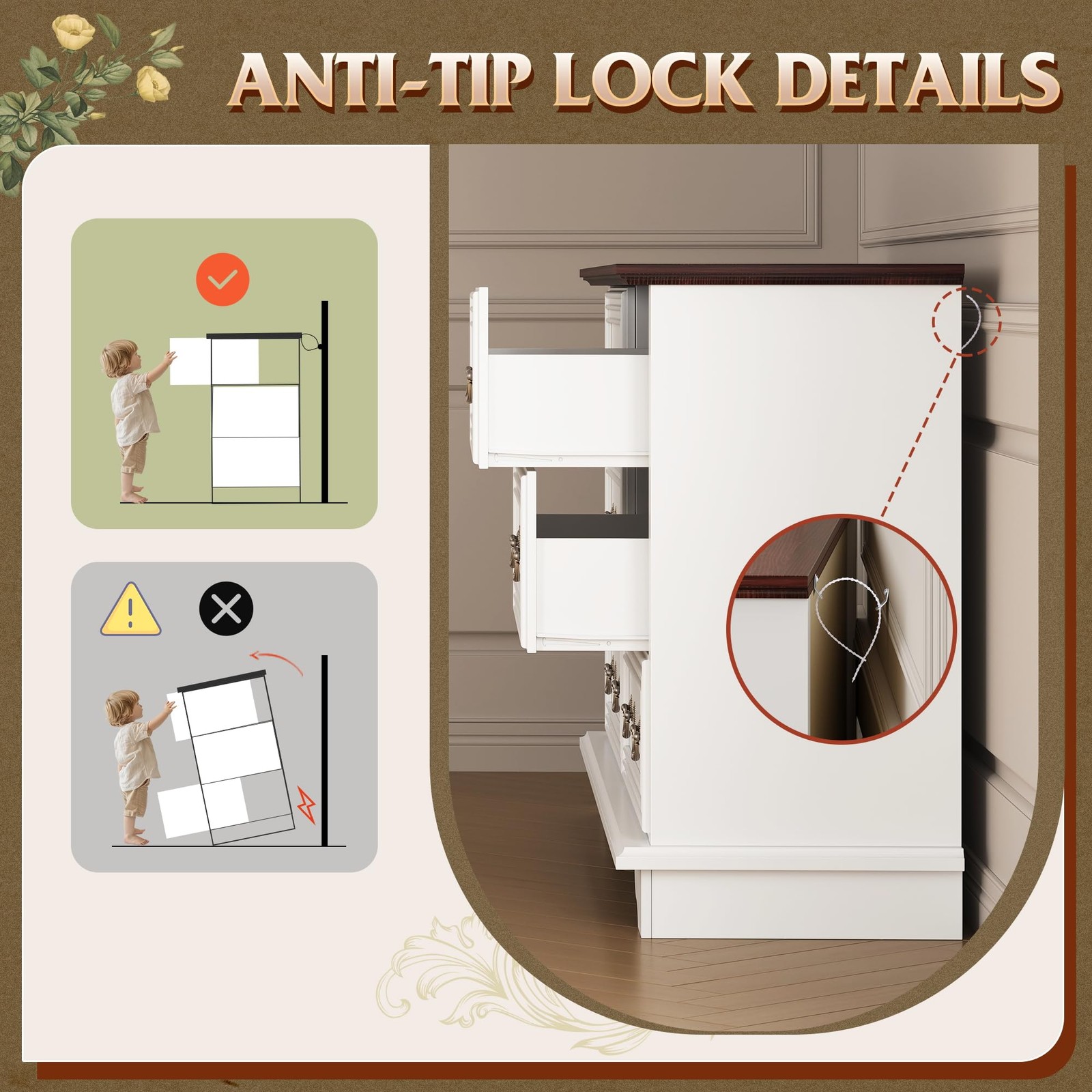 51.97'' Gavetero De Madera Blanca Con 6 Cajones Moderna Comoda Para Guardar Ropa