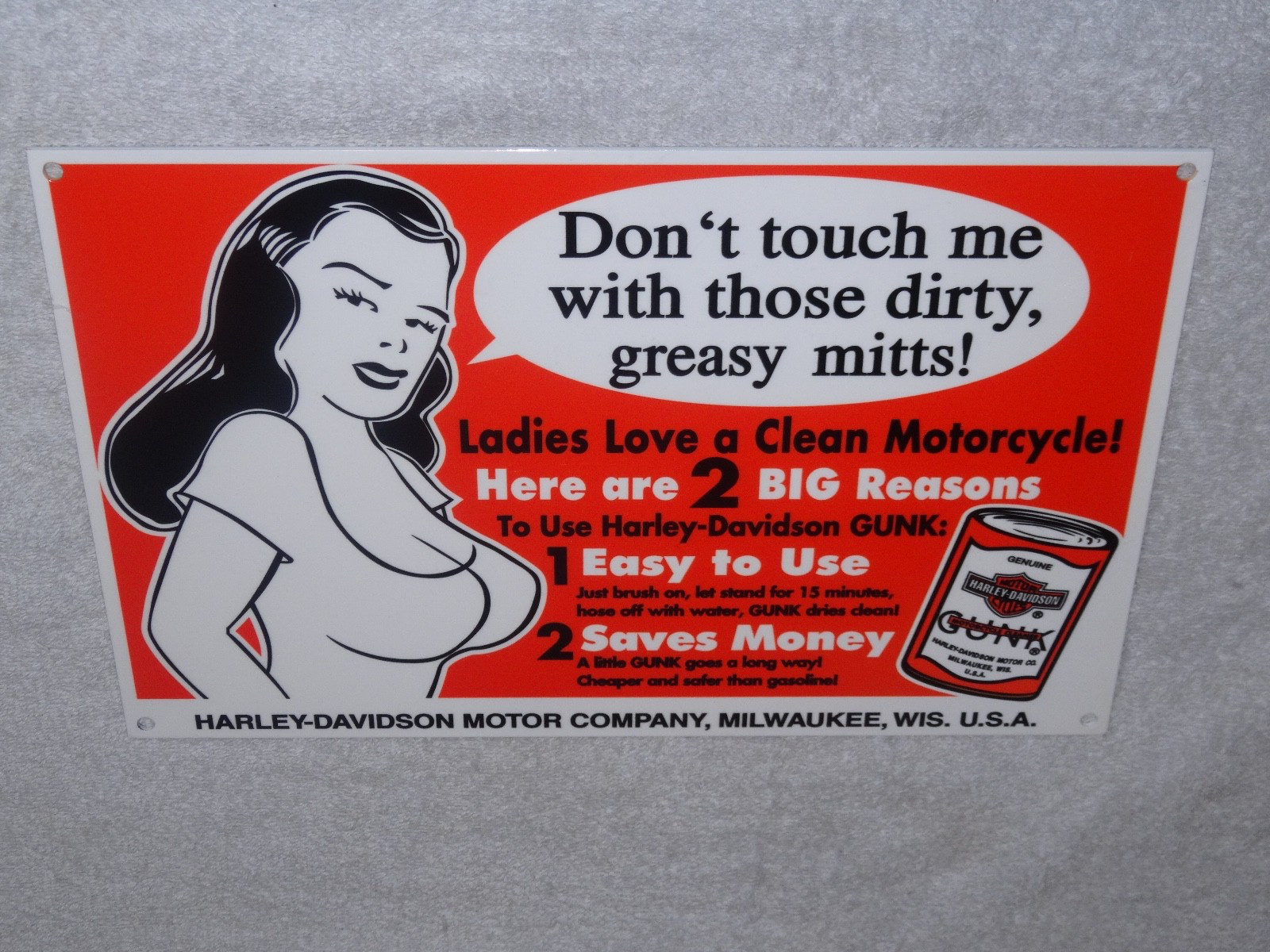 VINTAGE HARLEY DAVIDSON MOTORCYCLE GUNK WOMAN 12" MOTOR CYCLE GASOLINE OIL SIGN!