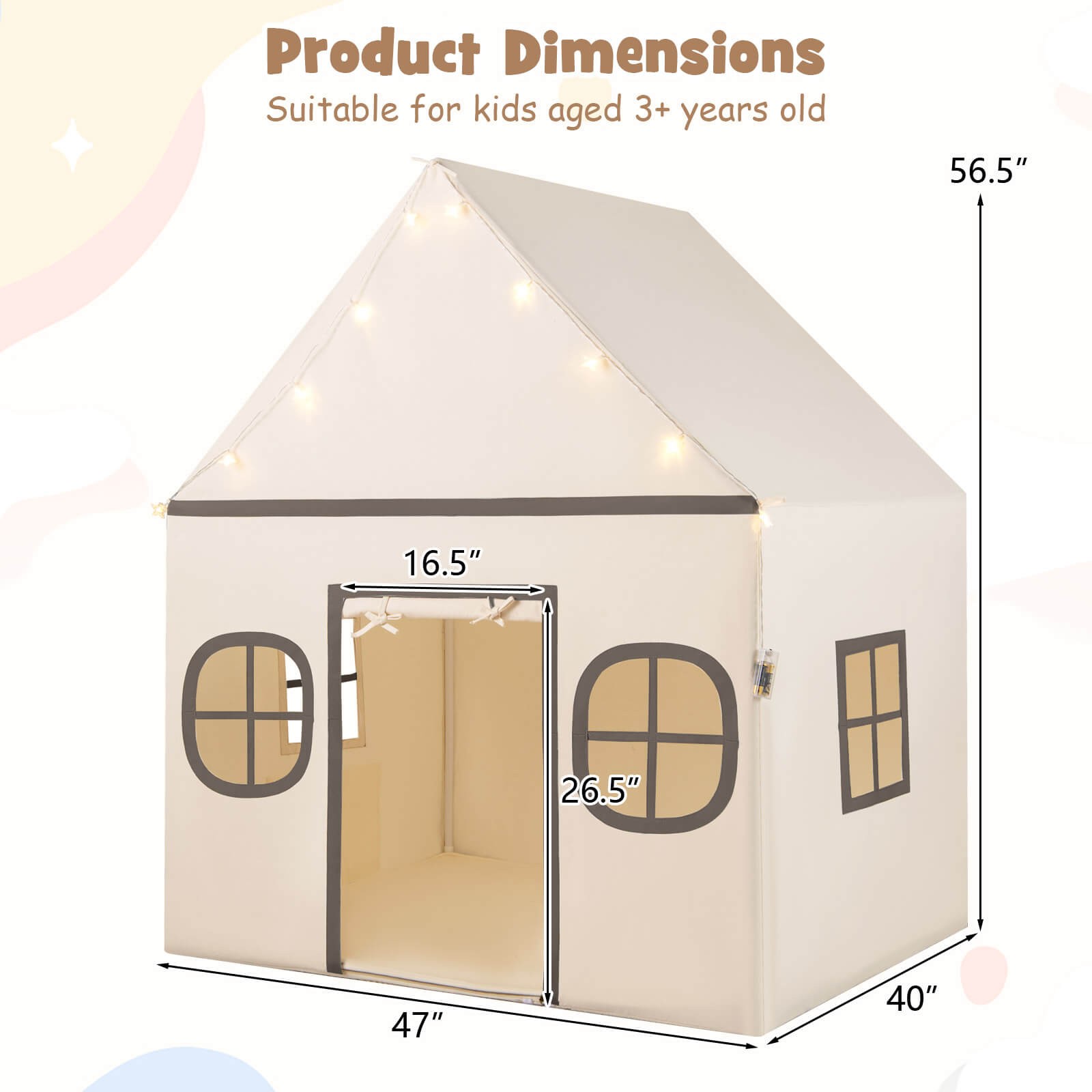 Kids Play Tent with Padded Mat, Star Lights, Side Storage Bags, Door & Windows