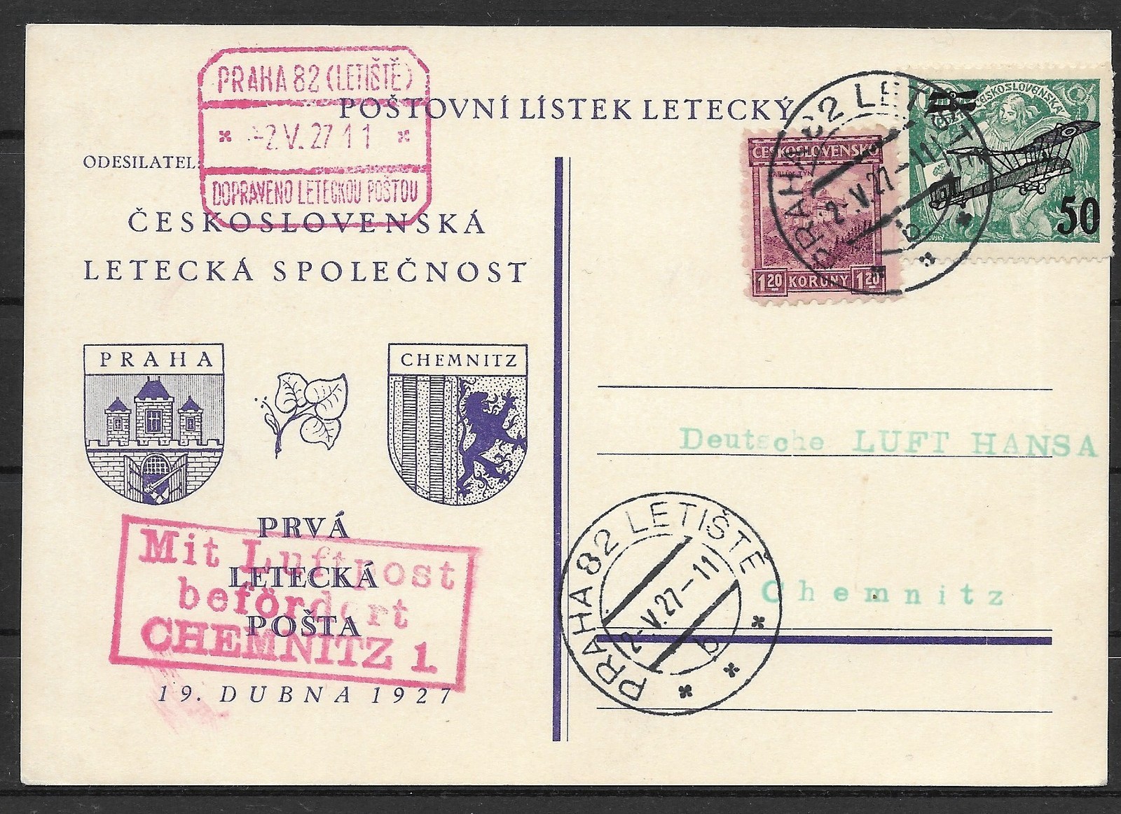Czechoslovakia PK First Flight Airmail Prague - Chemnitz 1927