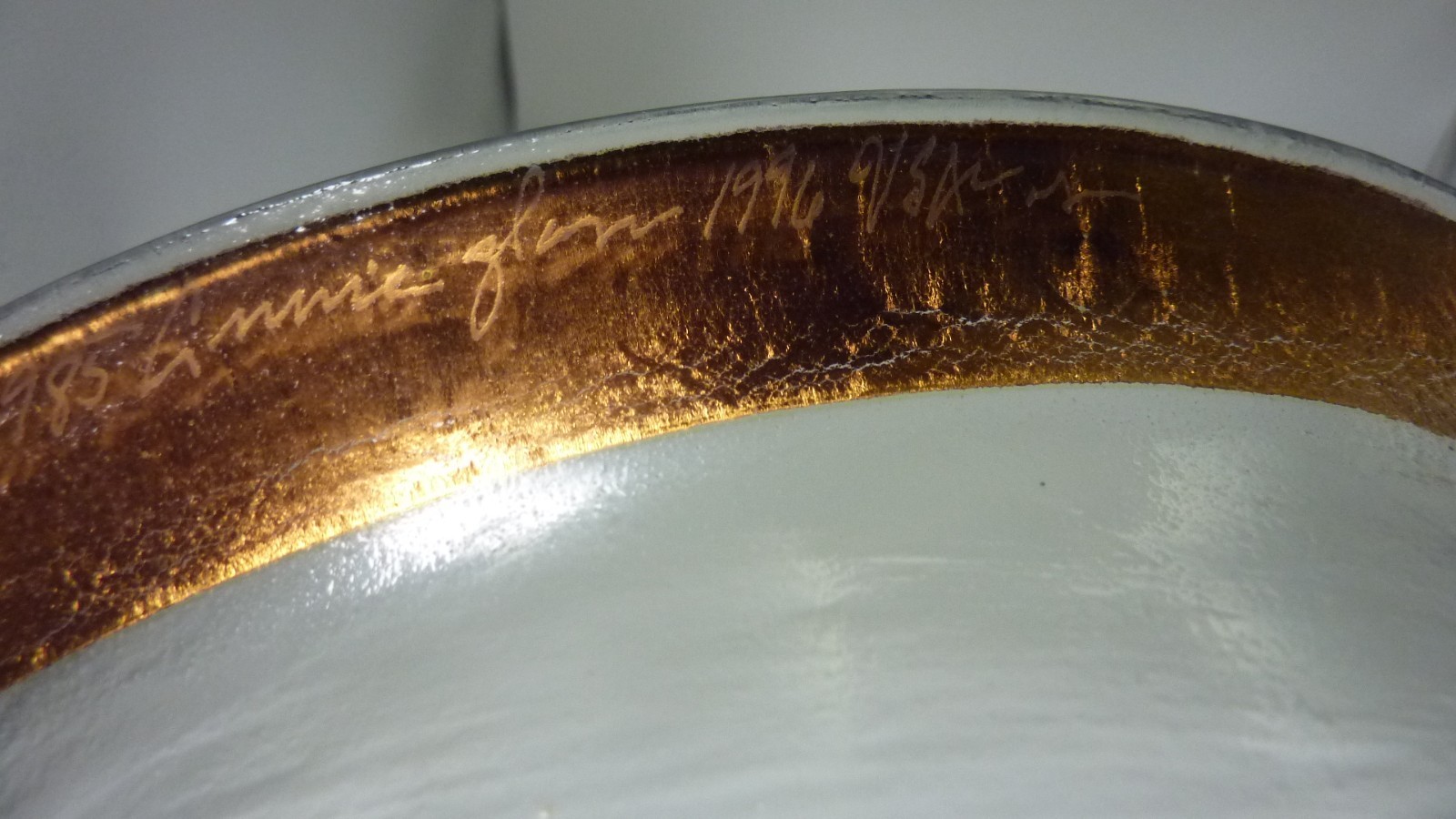 Large Annie Glass Round Serving Bowl Gold Rim 14” Signed 1996