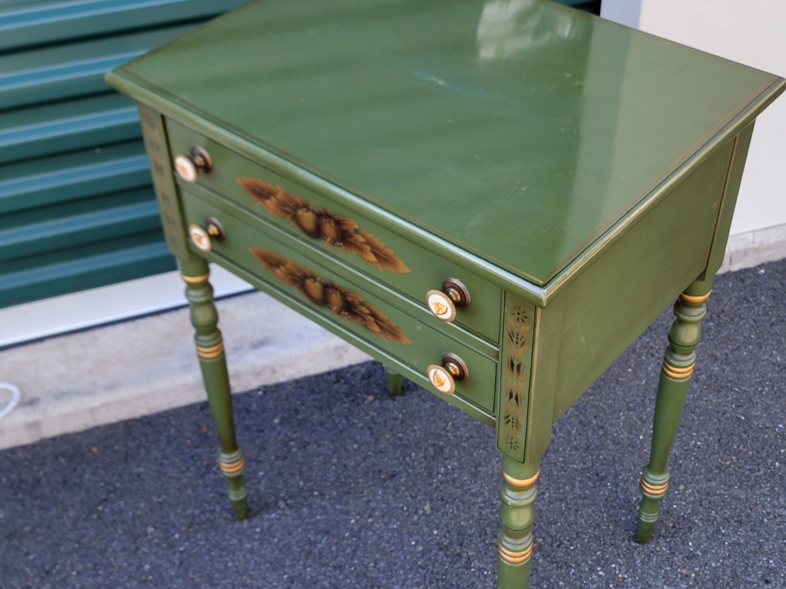 L. Hitchcock 2-drawer End/Side/Work Table Dark Green Stenciled drawers