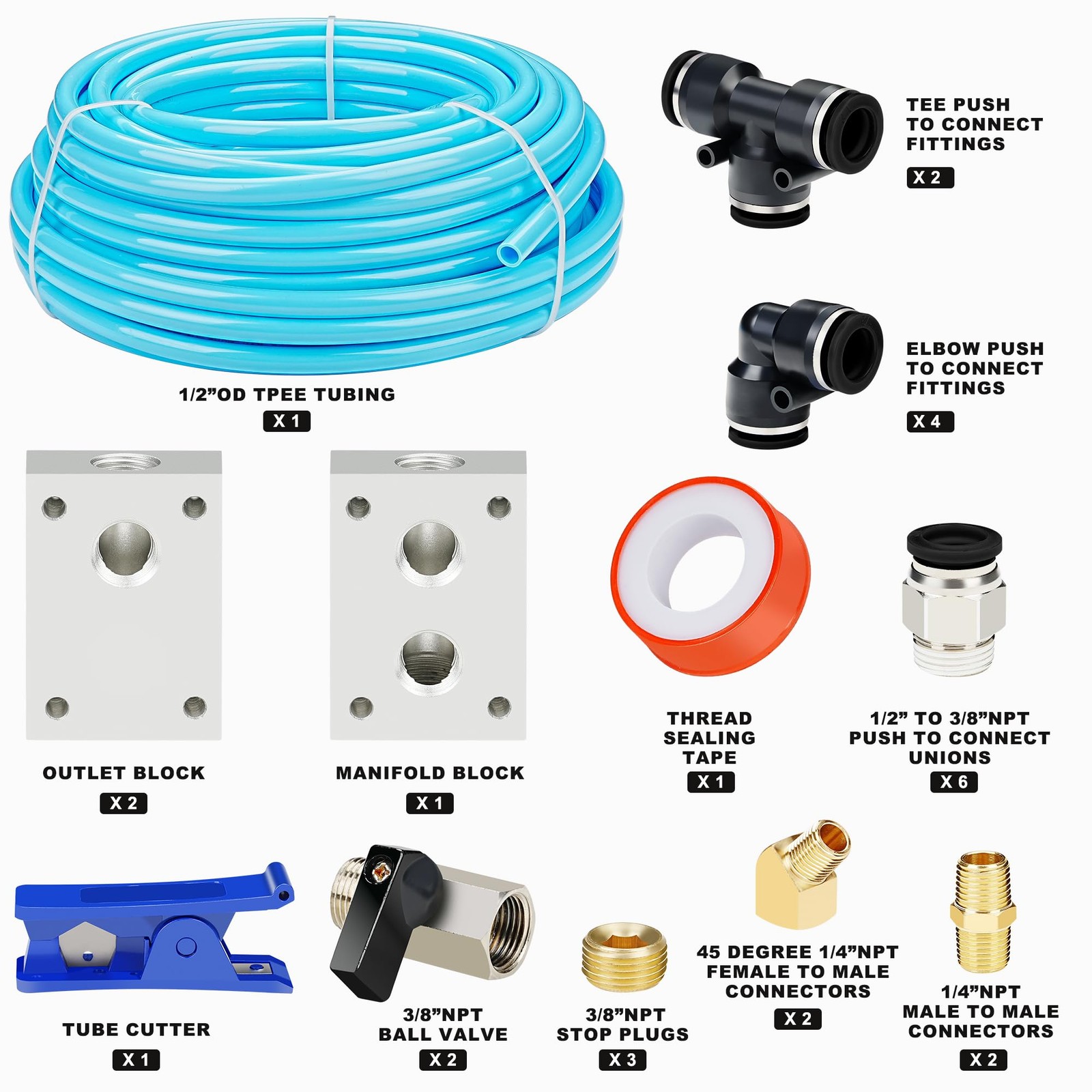 1/2″OD Compressed Air Piping System and Shop Line Kit with 100ft Blue