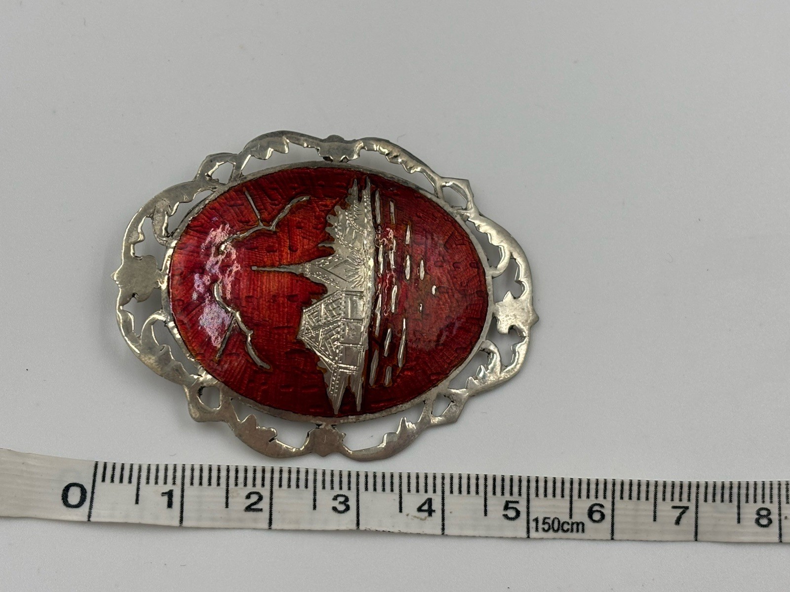 Vintage Siam 925 Sterling Silver Niello Red Enamel Temple Brooch