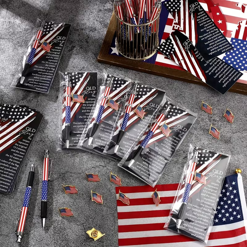 USA 250 Anniversary American Flag Ballpoint Pen+Flag Lapel Pin+Bookmark-Lot of 4