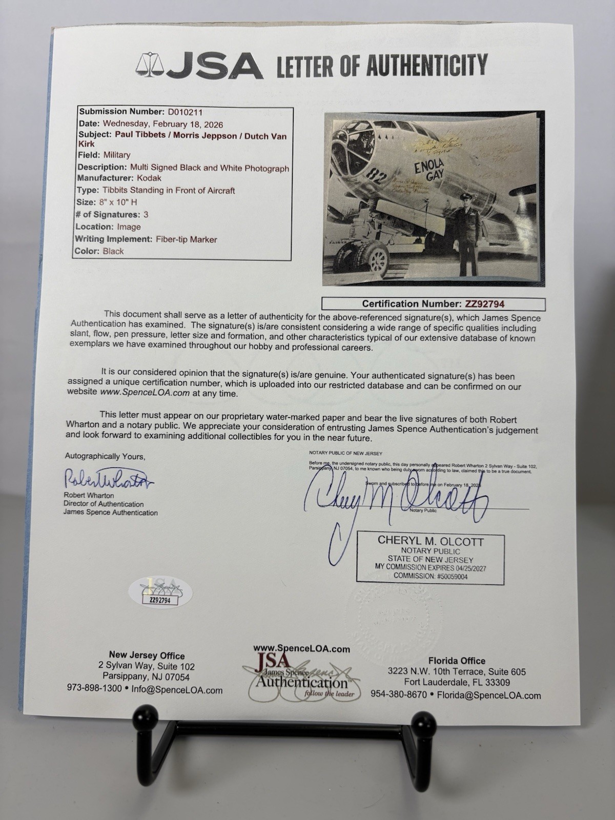 Enola Gay Crew "Hiroshima " Signed Photo Tibbets~Jeppson~Van Kirk JSA LOA