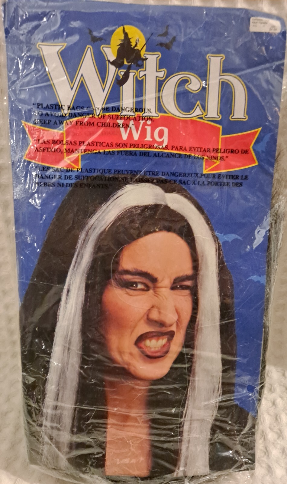 Witch Wig Halloween Long Black Straight Hair White Strip Open Package