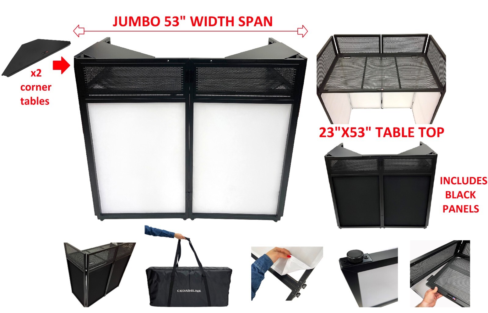 Jumbo 53" Wide DJ Event Facade White/Black Scrim Booth Two Top Corner Table Tops