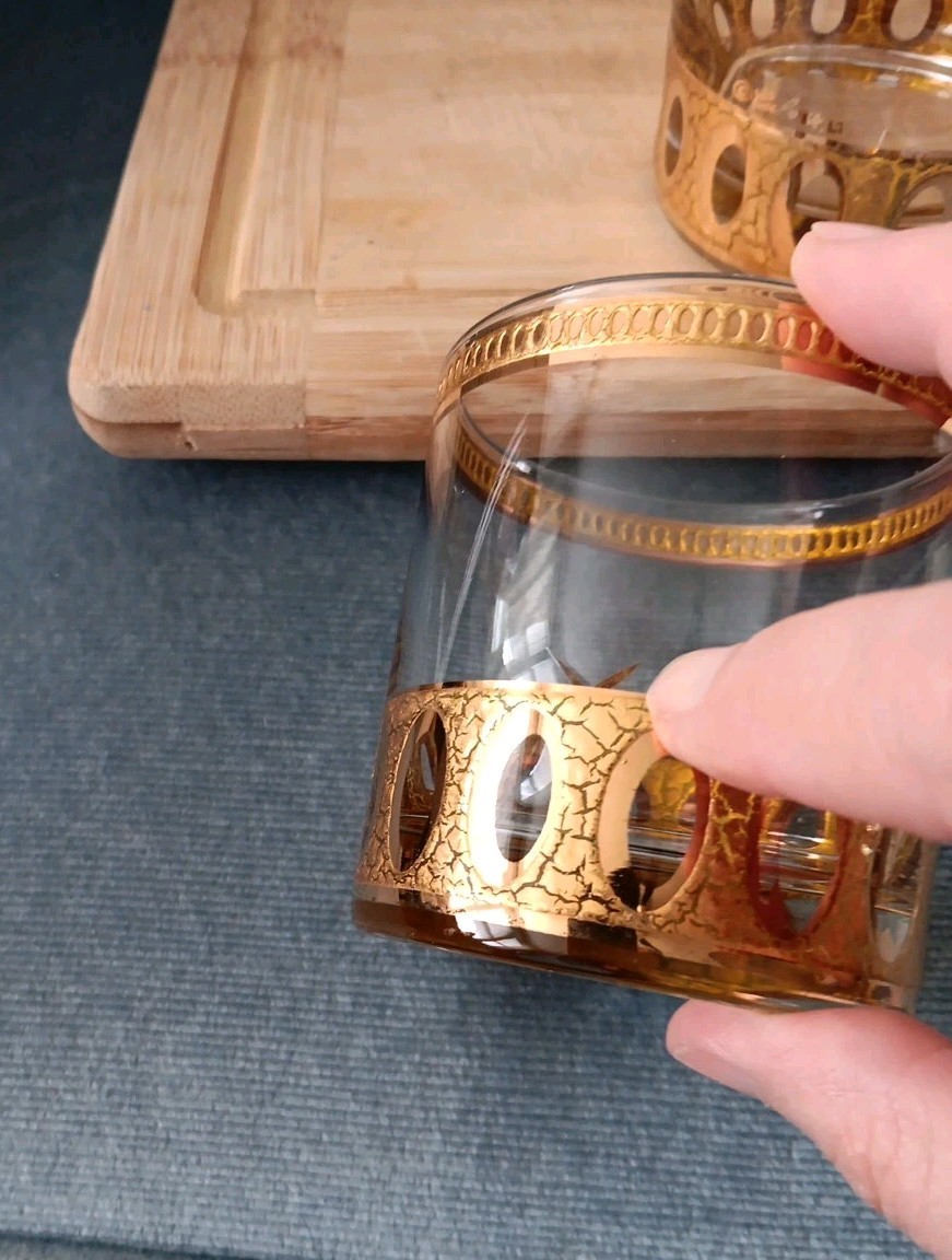 Vtg MCM 60s Culver Antigua Cocktail Shaker Low Ball 5 Pc Barware Set 22k Gold