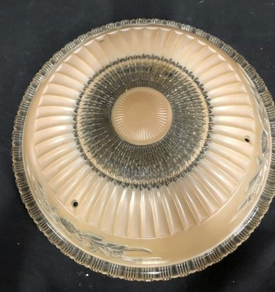 Antique Art Deco Glass Ceiling Light Fixture Frosted & Clear 3 Chain Shade 14”