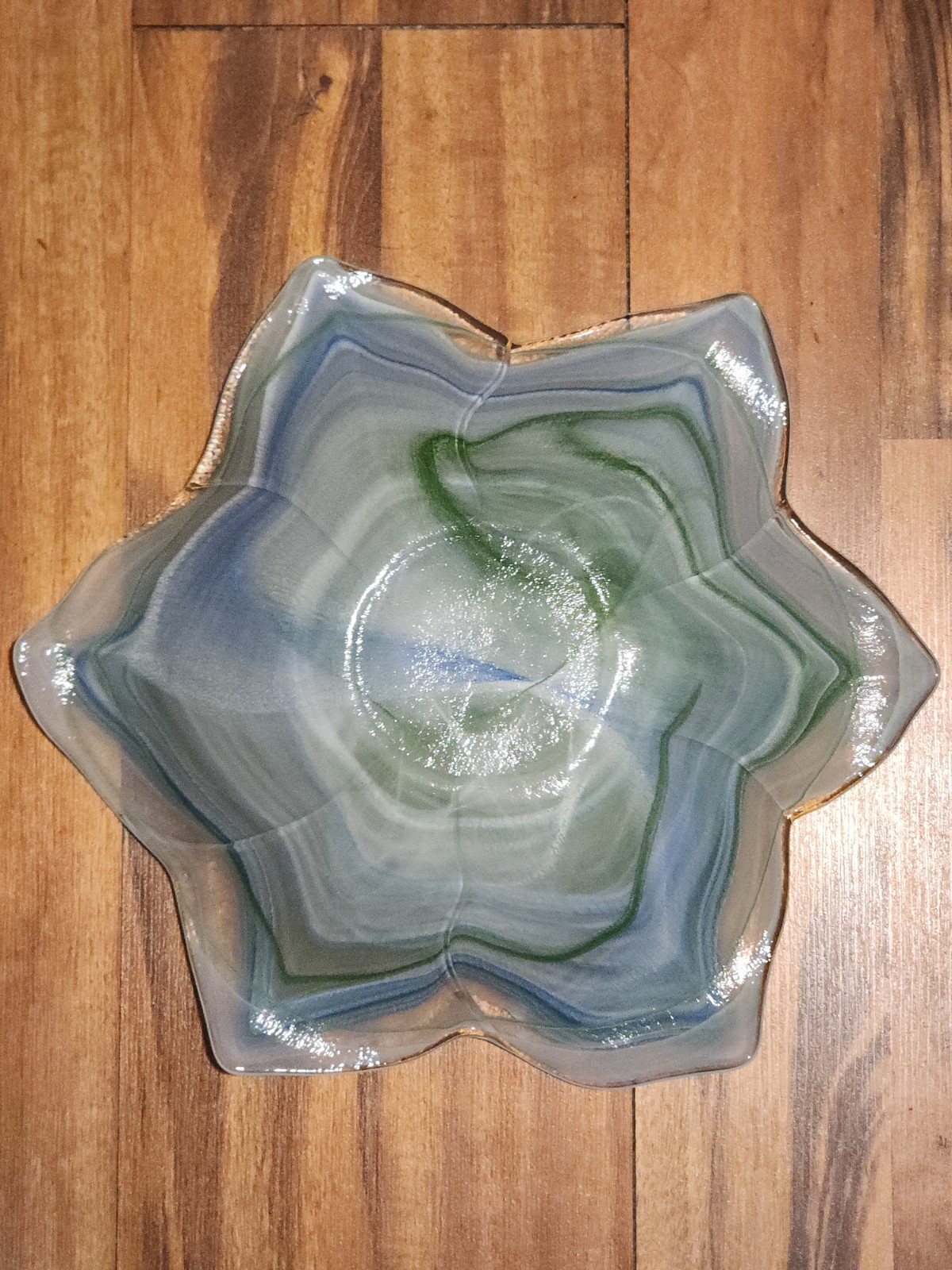Vintage Murano Style Art Glass Swirl Bowl - Blue/Green/White Scalloped 14"