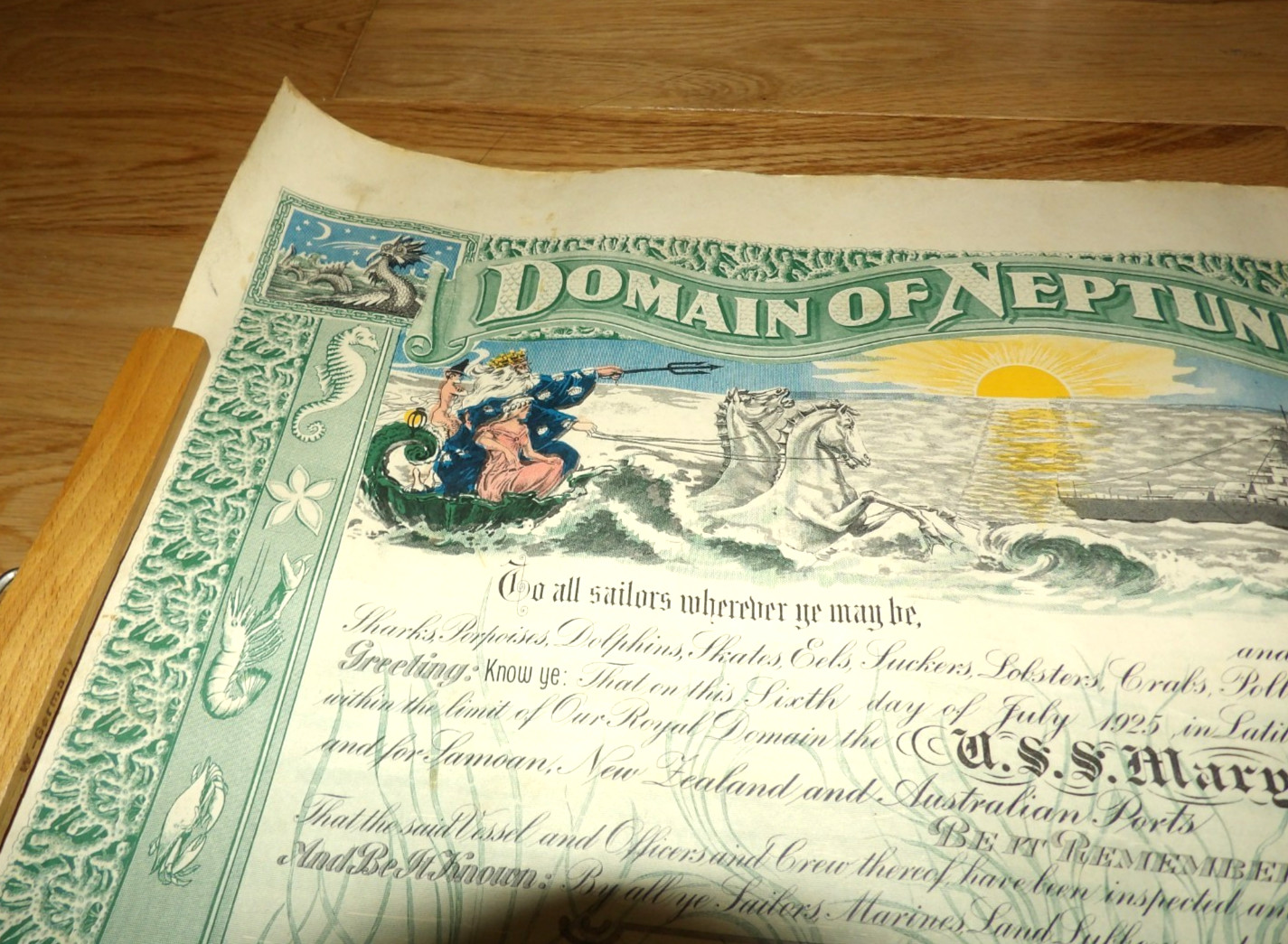 1925 USS Maryland Domain Of Neptunus Rex Navy Certificate Topless Mermaids