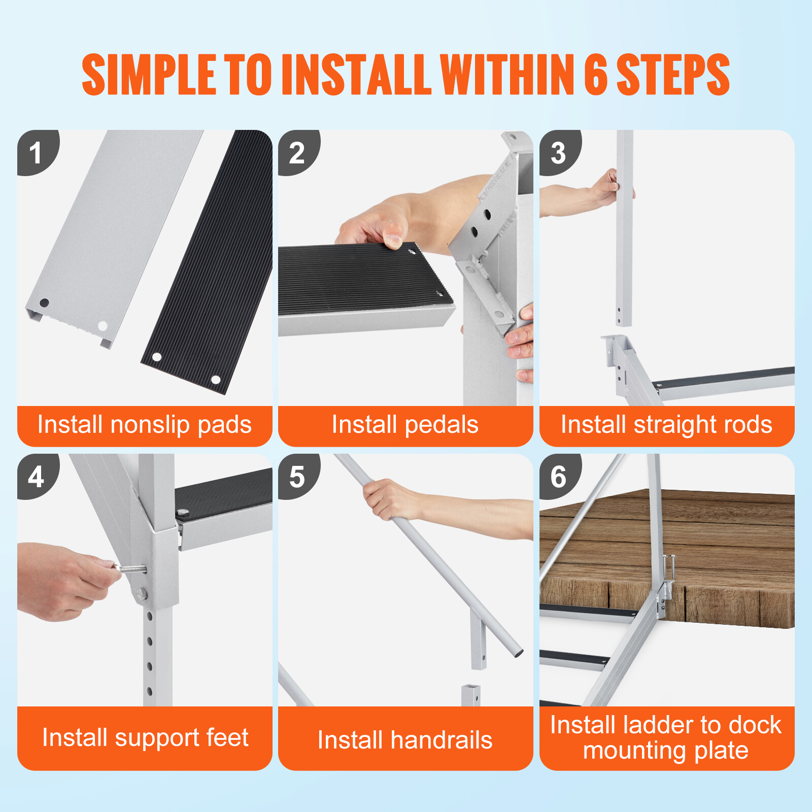 VEVOR Aluminum Dock Ladder Boat Dock Ladder 43-51in Height Adjustable 6 Steps