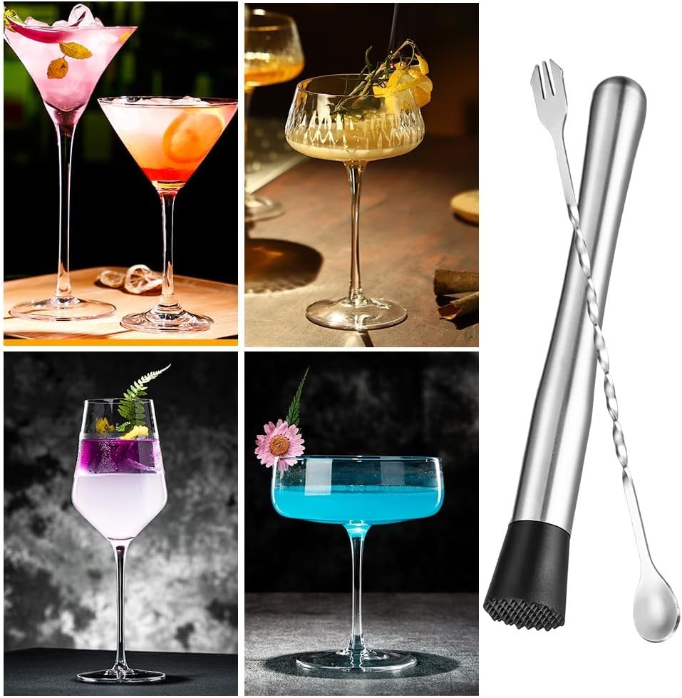 2 Pcs Muddler for Cocktails,10 Inch and 8 Bar Silver