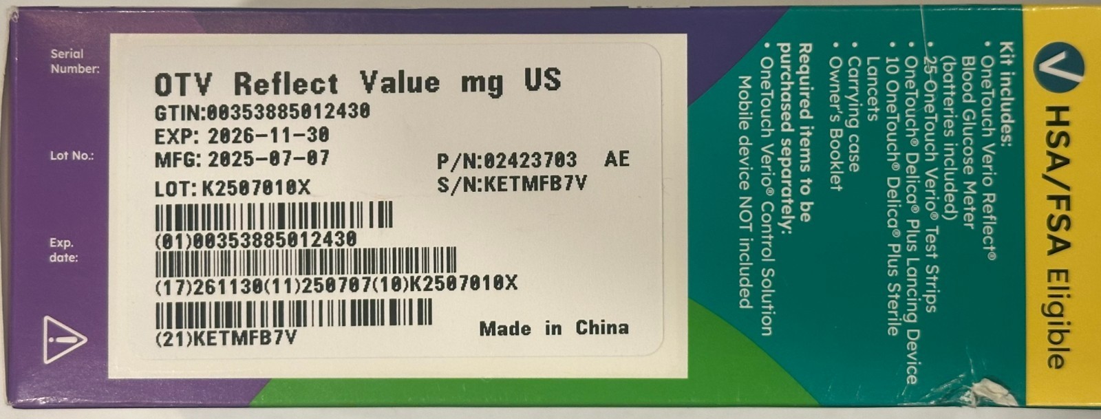 OneTouch Verio Reflect Meter Blood Glucose Monitoring Test Kit w/ 25 Strips NIB