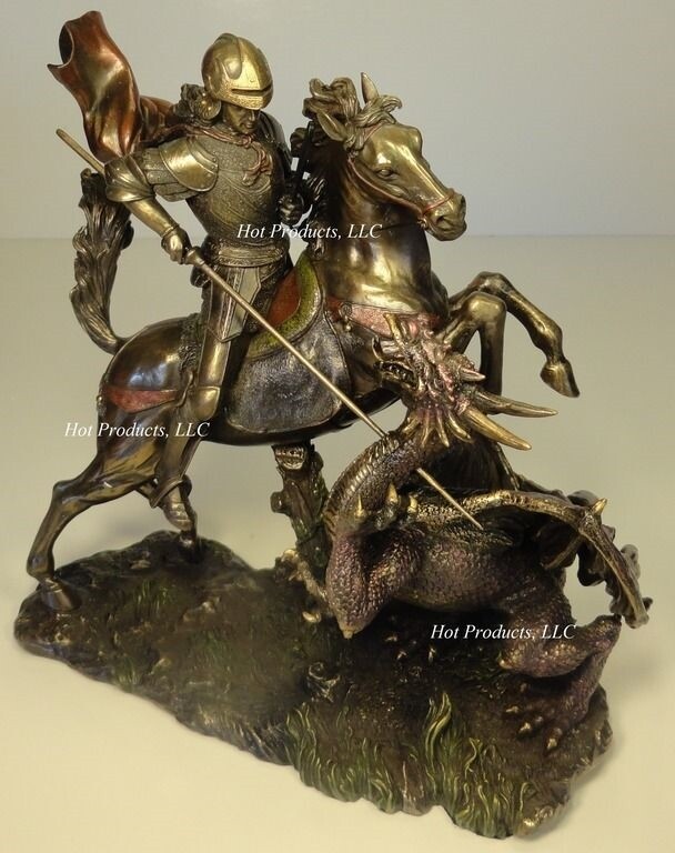 LARGE St George THE DRAGON SLAYER Sculpture Statue Bronze Finish