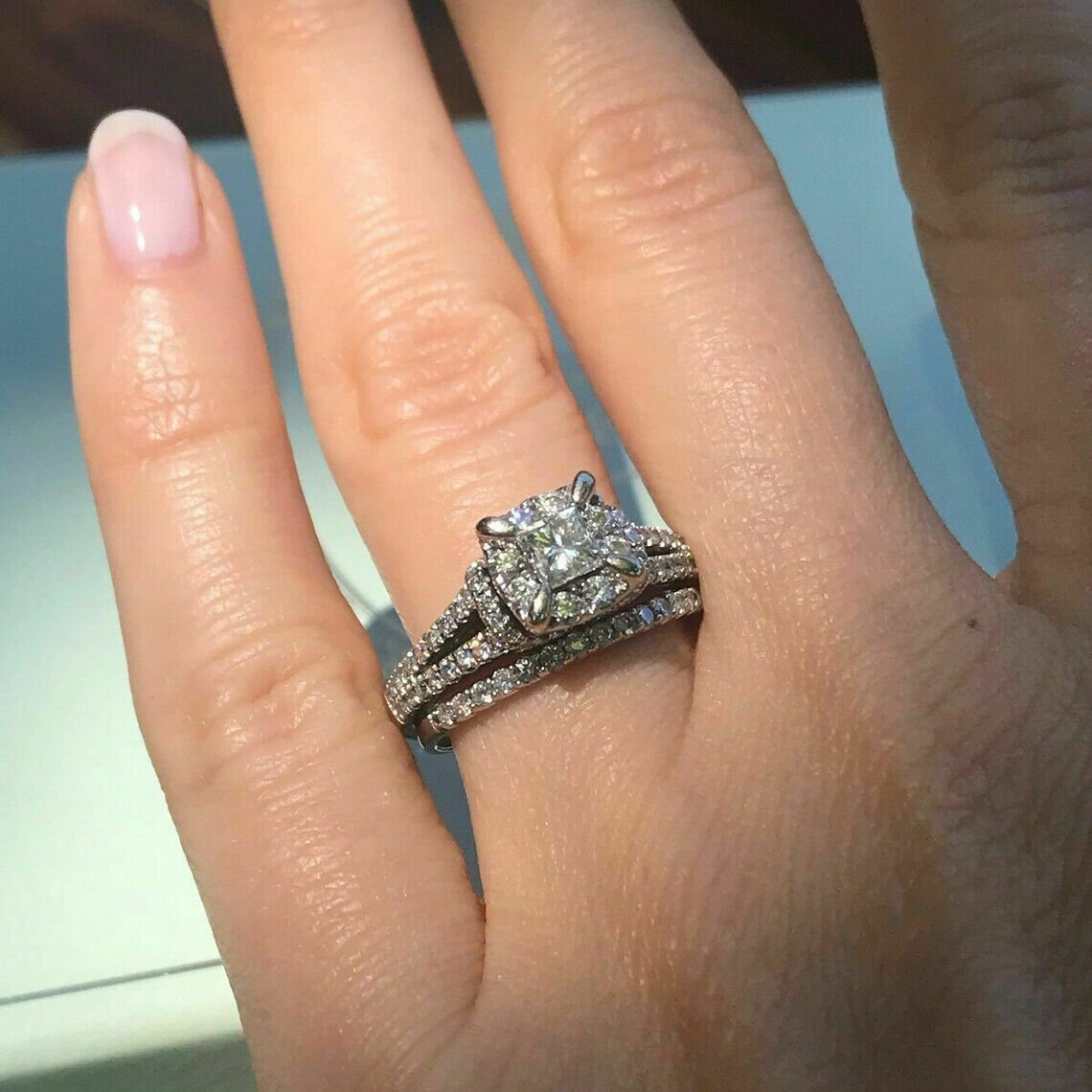 1.8Ctw White Princess Cut Simulated Diamond Wedding Ring Matching 925 Silver Set