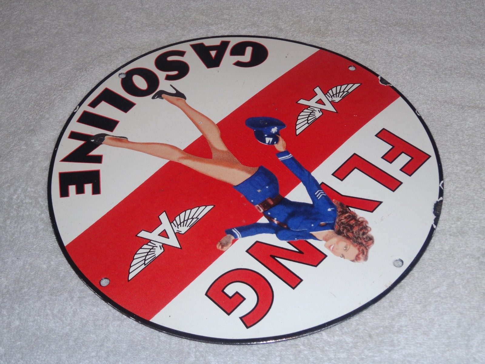 VINTAGE FLYING A AIRPLANE STEWARDESS WOMAN 11 3/4" PORCELAIN METAL GASOLINE SIGN