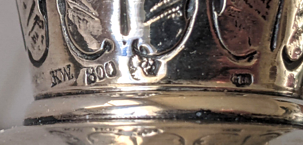 c.1900 Antique German Kaser & Walter 800 Silver Cabinet Vase. Applied Ram Skulls