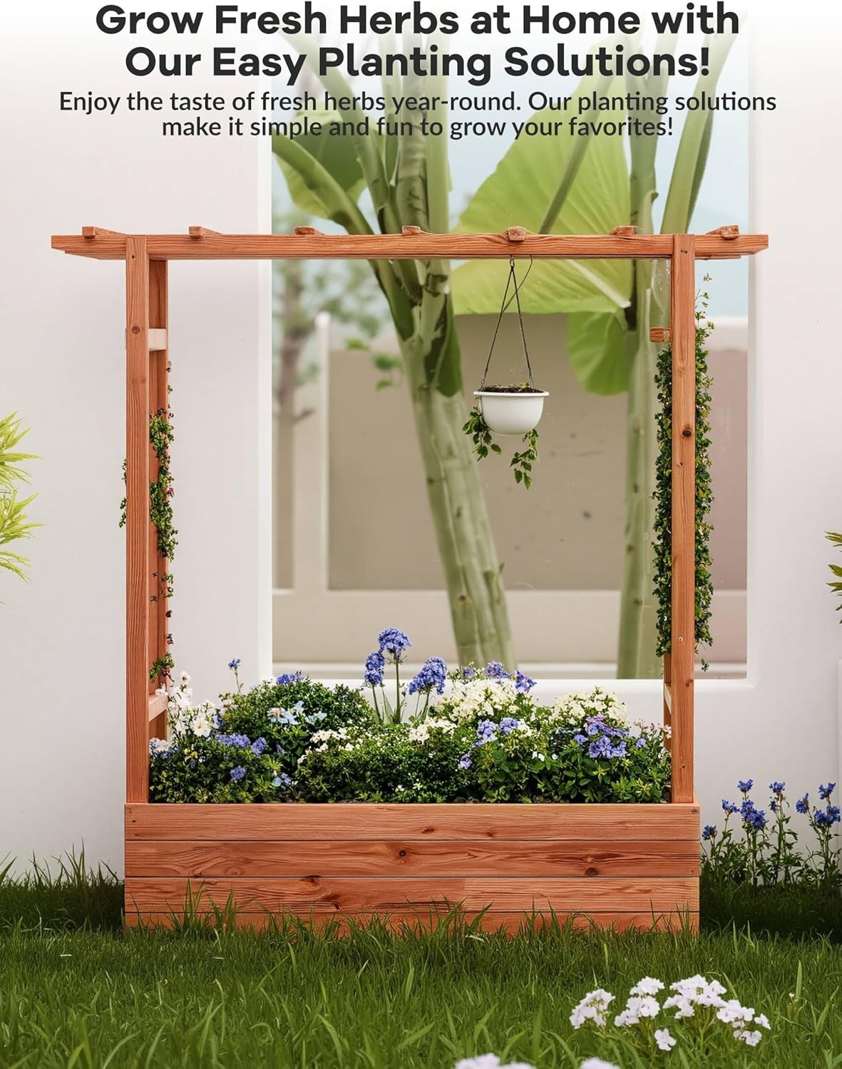 Wood Raised Garden Bed with Trellis and Roof Planter Box for Patio Yard Garden