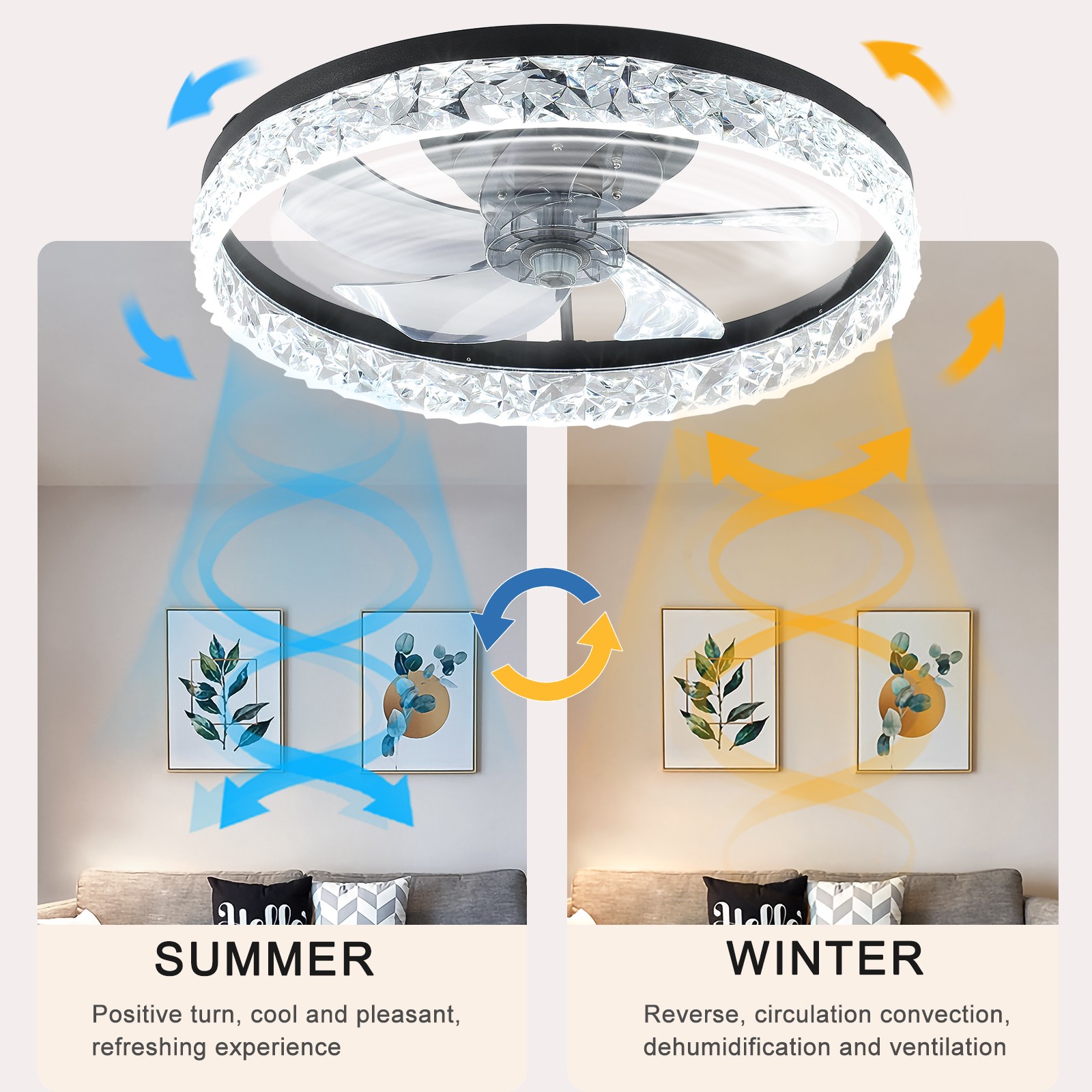 20" Ceiling Fan With LED Lights Crystal Design Flush Mount Remote & APP Control