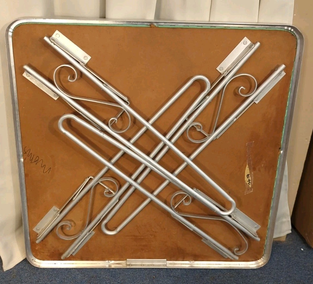 Vtg Retro Card Table Aluminum Green Portable 60s Scroll Legs MCM Mid Century