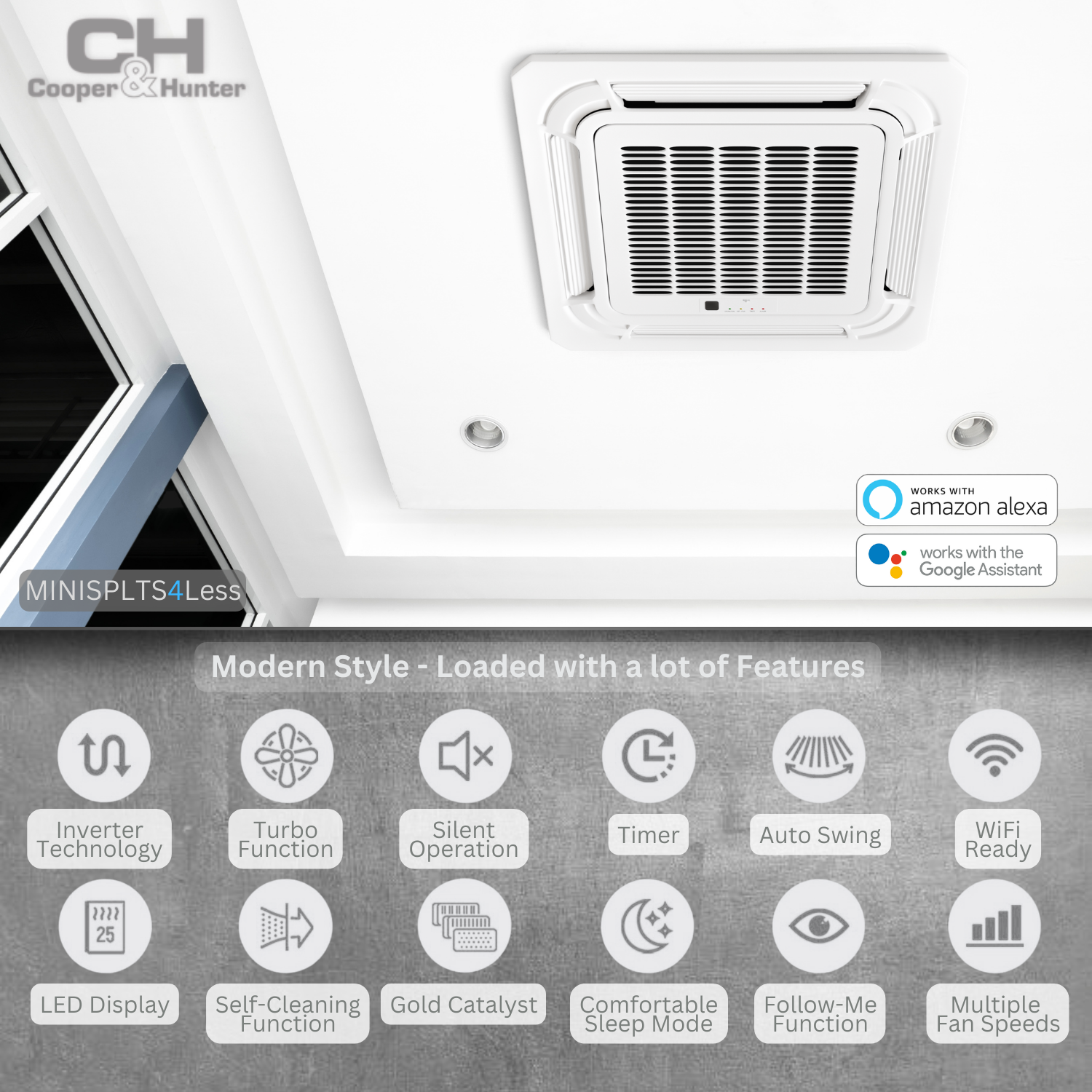 24000 - 48000 BTU 230V Ceiling Cassette Mini Split Heat Pump Air Conditioner