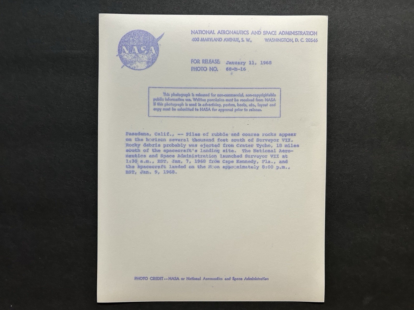 1968 NASA “Moon Surface Piles of Rubble Rocks” Surveyor VII Camera” Photograph