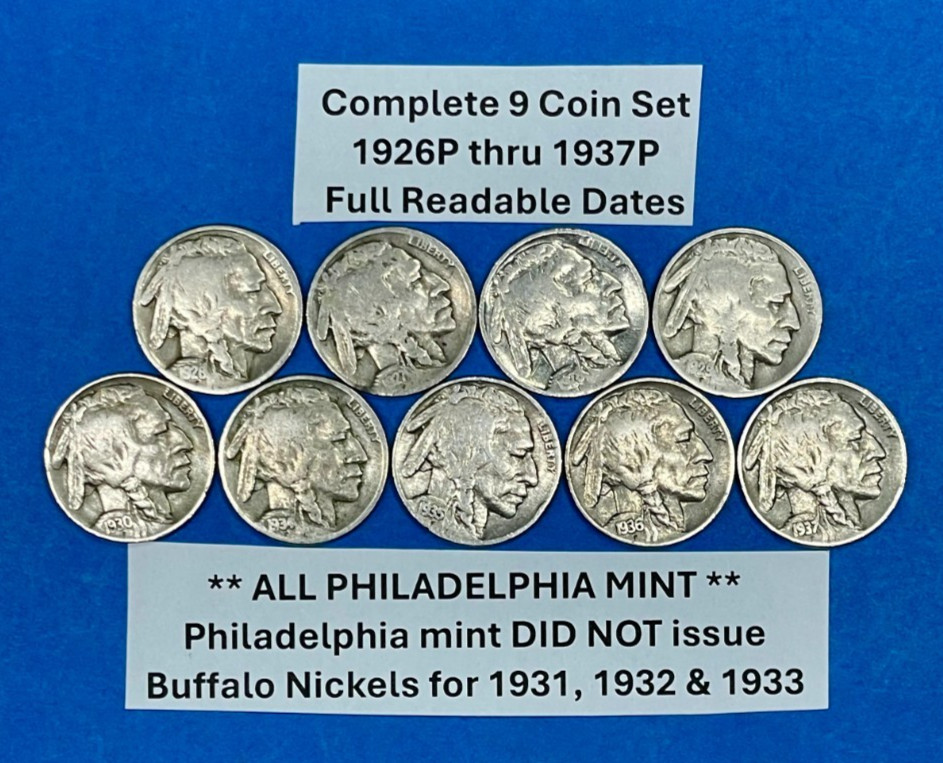 Complete Buffalo Nickels Set of 9 FULL DATE COINS 1926P to 1937P ~ SHARP COINS!