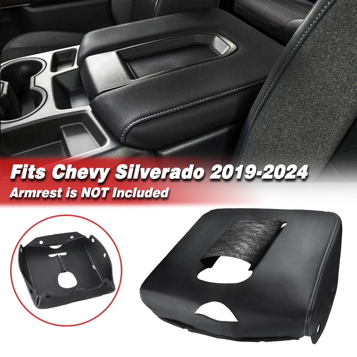 Fits Chevy Silverado 2019-2024 Center Console Lid Armrest PU Leather Cover Black