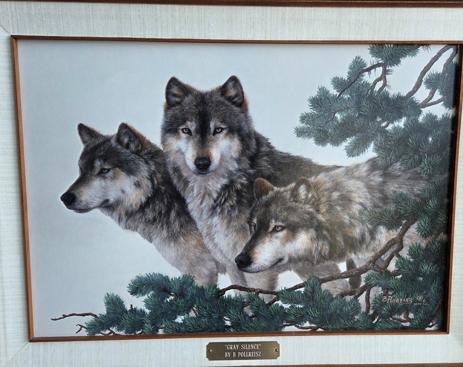 BRENDA POLLREISZ ORIGINAL OIL PAINTING " GRAY SILENCE" WOLVES LARGE