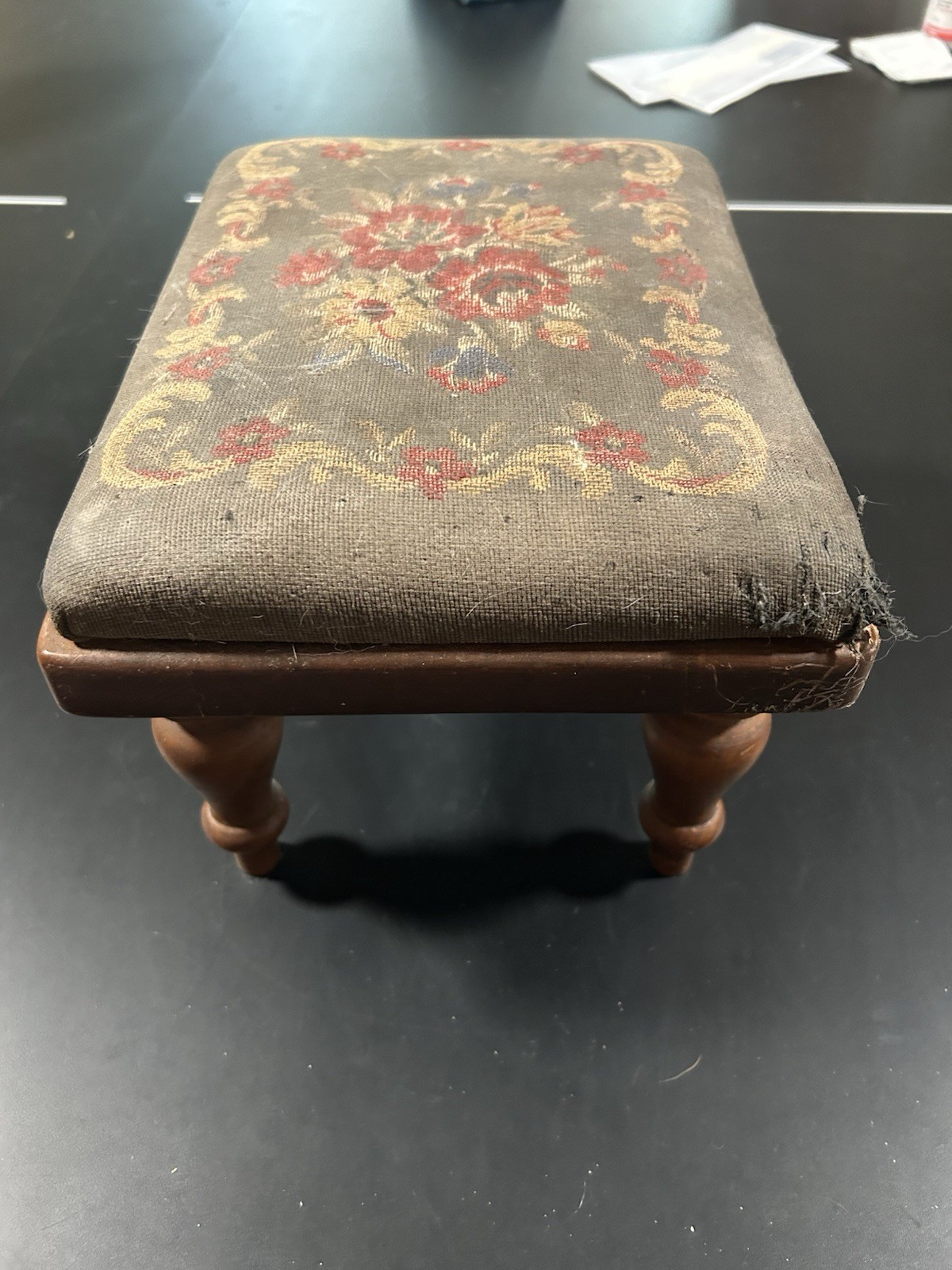 Vintage needlepoint footstool square wooden legs floral